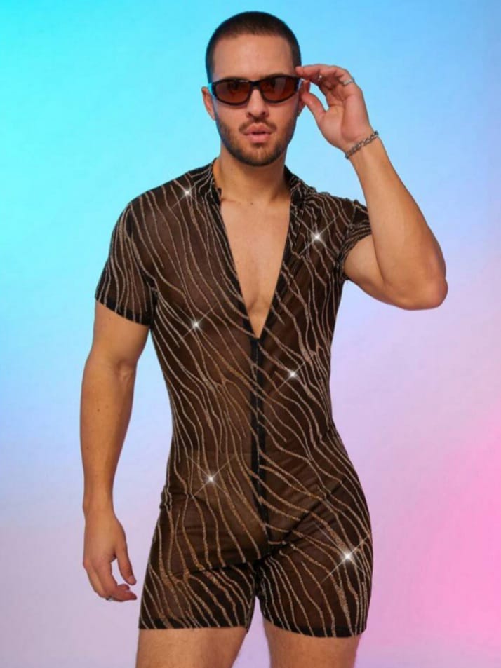 Uptown Funky Men's Metallic Mesh Sheer Catsuit Lounge Romper